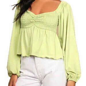 Lulus - Women's Green Smocked Peplum Long Balloon Sleeve Blouse Top | Lulu's M